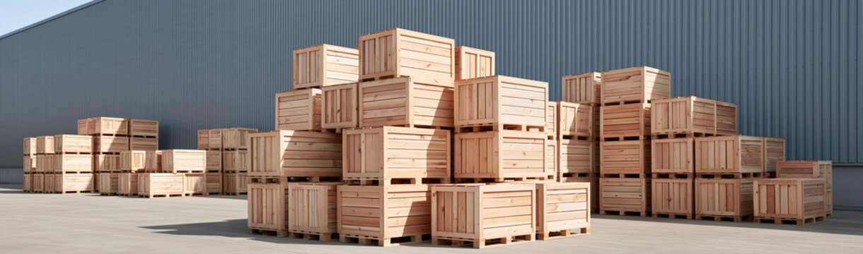 Wooden Pallets Stacks: Numerous stacks of light brown wooden pallets create a large pile, useful for storage or shipping.
