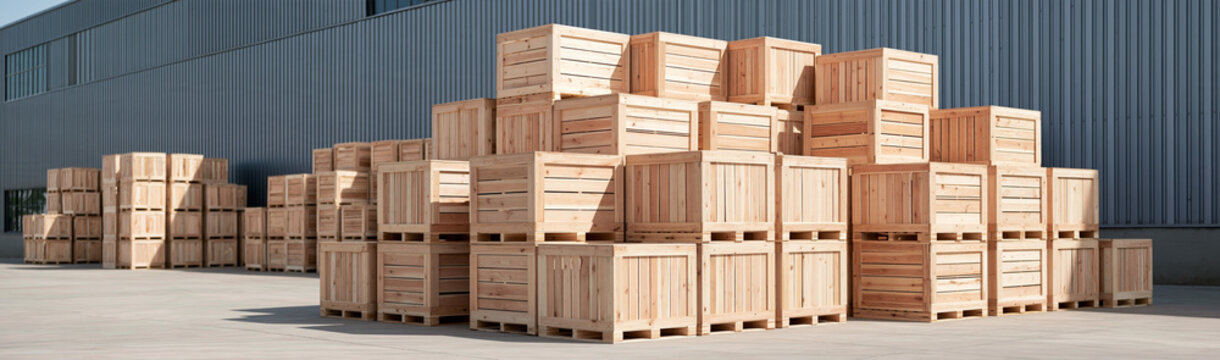 Wooden Crates Stacks: Organized piles of light-colored wooden crates neatly stacked outdoors, suggesting storage, shipping, or warehousing operations.