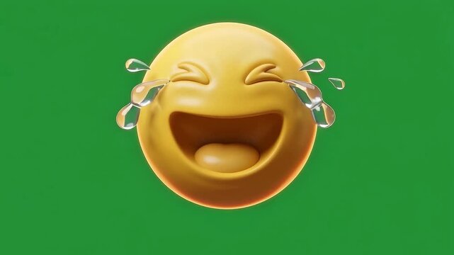 3D animated laughing face emoji with tears of joy splashing water on a green screen background for chroma key editing