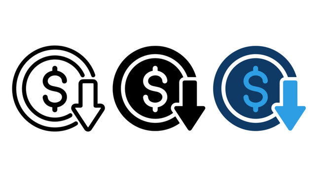 Financial loss icon set with dollar sign and downward arrow decrease currency