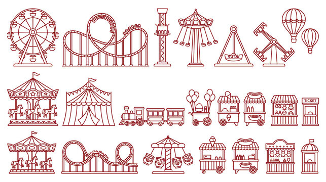 Amusement park rides set of carousel roller coaster and food stalls for carnival theme.