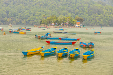 Colorful wooden boats floating on the calm waters of Phewa Lake in Pokhara, Nepal, surrounded by lush green hills and the dramatic Himalayan landscape of the Annapurna region © Yuliia