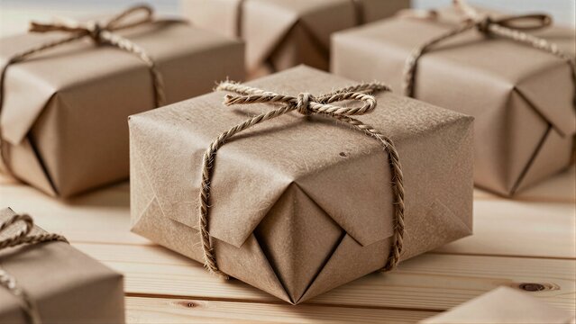 Brown paper gifts tied with twine on a wooden surface, rustic and charming.