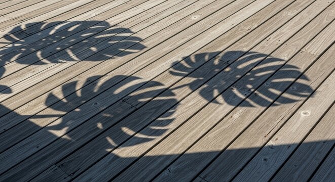 Shadows of monstera leaves cast on a wooden deck creating a tropical and modern aesthetic outdoors