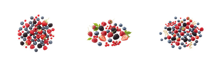 Set of three mixed fresh berry piles with blueberries, raspberries, strawberries, and blackberries isolated on white background, healthy organic fruit concepts, summer harvest, and vitamin food graphi © Ganesha