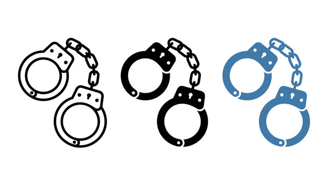 Handcuffs icons, crime and law enforcement symbols in three vector styles