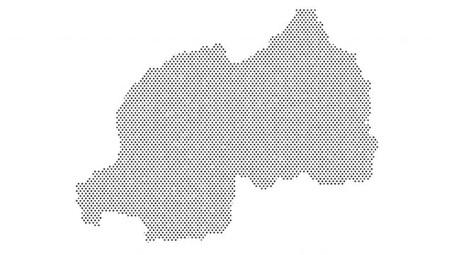 Rwanda map from particles, dots. Digital silhouette. Abstract animation background.
