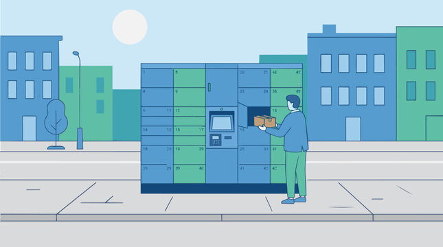 Parcel locker collection in urban setting with blue color palette flat vector illustration for logistics and delivery services