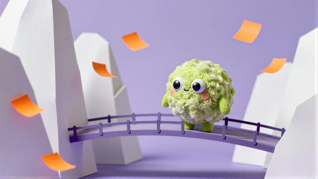 Cute green plush character crosses a bridge between white cliffs with orange confetti falling.