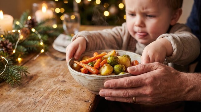 Little boy making a disgusted face at roasted vegetables during Christmas dinner, capturing a picky eater mealtime struggle for parenting blogs and child nutrition marketing.
