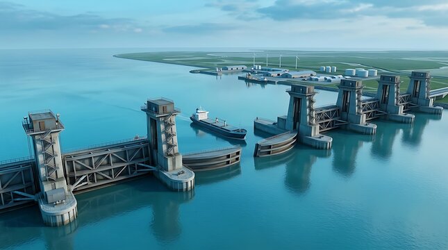 An aerial view of a large coastal storm surge barrier dam with heavy concrete gate towers and a cargo vessel passing through an open navigation channel on calm blue ocean water.