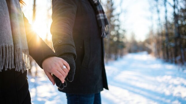 Romantic winter proposal featuring couple holding hands in snowy forest with diamond engagement ring, capturing golden hour sun flare for wedding marketing and jewelry advertisement.
