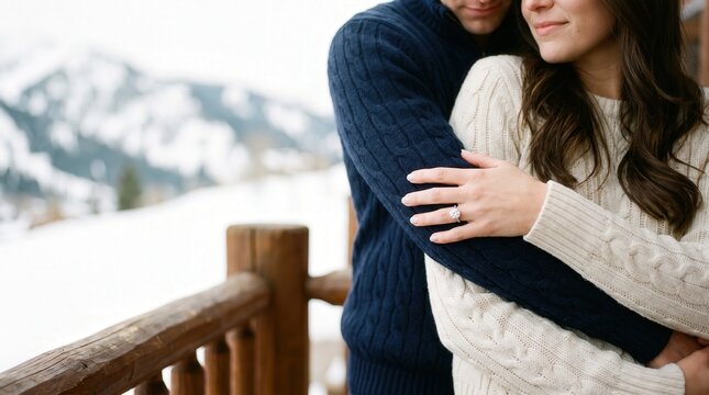 Couple embracing on a cabin balcony with close-up of diamond engagement ring, winter mountain proposal and romantic celebration for jewelry marketing and wedding planning.