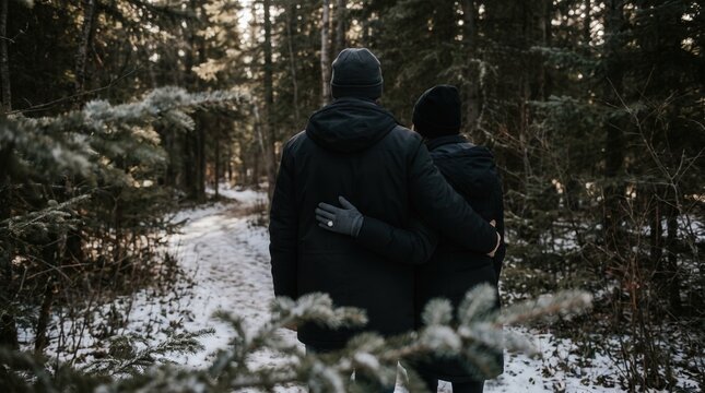 Rear view of engaged couple walking through a snowy winter forest capturing a romantic proposal concept with a diamond engagement ring for bridal marketing and holiday romance design.