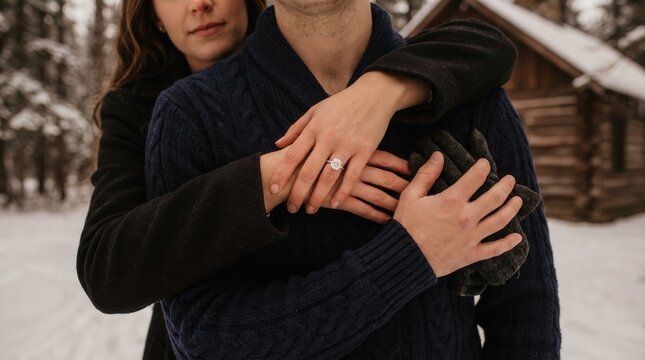 Close up of woman hugging man from behind showing diamond engagement ring on hand in winter snow setting, capturing romantic proposal commitment for jewelry advertising and bridal marketing.