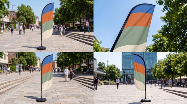 Collage of outdoor feather flags standing on a pedestrian city square during a sunny day.