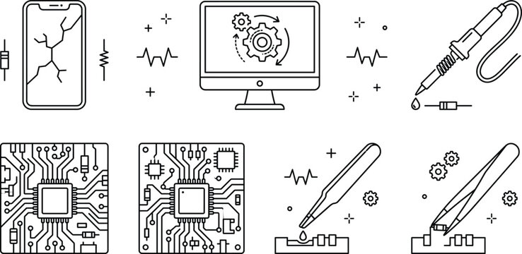 Electronics repair microengineering and hardware diagnostics line icon set featuring motherboard circuits soldering iron tweezers and broken smartphone