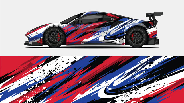 Car Wrap Design with Dynamic Racing Livery in Red White and Blue