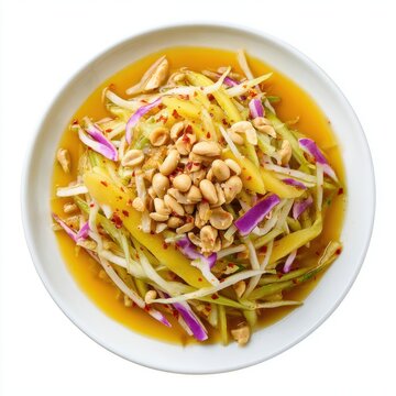 Burmese Thingyan green mango salad with peanuts and chili isolated on a white background