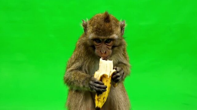 Adorable brown macaque monkey eating a fresh yellow banana isolated on bright green screen