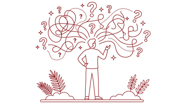 Man thinking with messy tangled lines and question marks for problem solving and ideas.