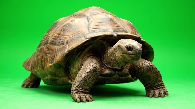 Close up of a giant tortoise with a textured shell against a vibrant green background