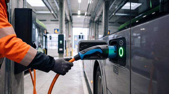 Close-up of a worker in high-visibility uniform plugging a charging cable into an electric bus at a modern depot station.