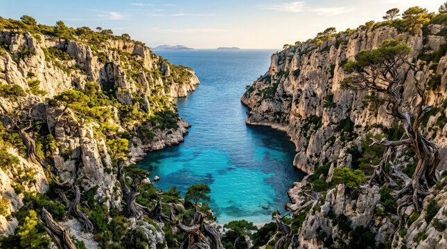 Rugged limestone cliffs towering above stunning turquoise Mediterranean sea waters inside sunny coastal canyon