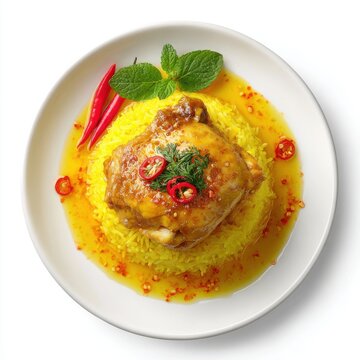 Burmese Thingyan hin rice chicken curry with turmeric isolated on a white background