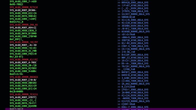 Virus code glitch digital screen with scrolling encrypted system data and
