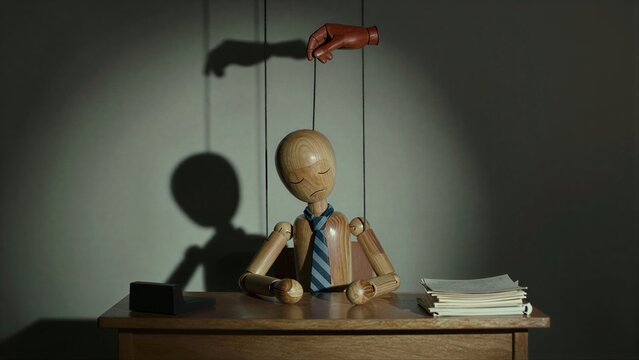 Wooden puppet in tie sits at desk, hand controls strings from above.