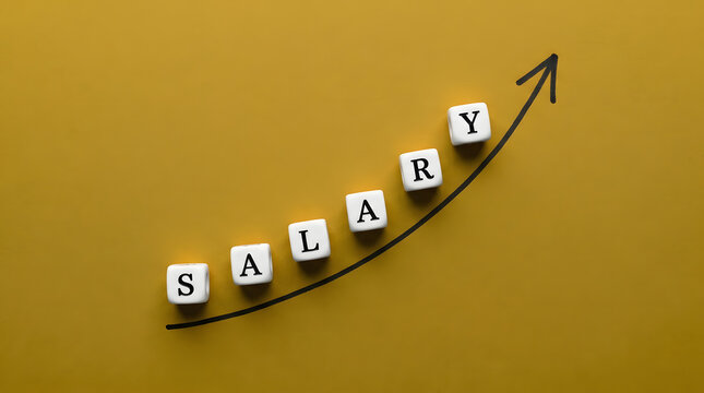 The word salary spelled out on six white letter blocks arranged in an ascending diagonal line following a hand drawn curved black arrow on a solid yellow background representing wage increase