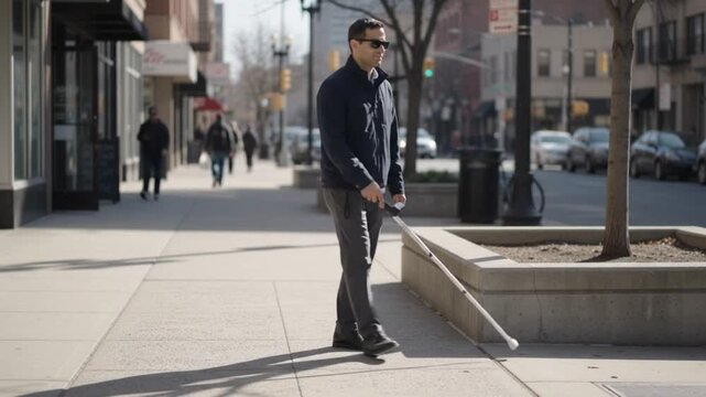 Visually impaired man walking with white cane on city sidewalk