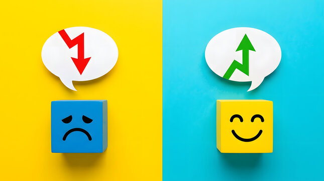 Two physical cubic blocks featuring emoticons and white speech bubbles displaying contrasting financial trends with red and green arrows against a split yellow and cyan background representing market