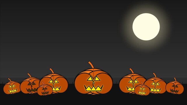 Happy Halloween Animation with Glowing Jack O Lantern Pumpkins on the Ground, Illuminated Eyes and Mouths, Full Moon Night, Dark Background, Spooky Halloween Celebration