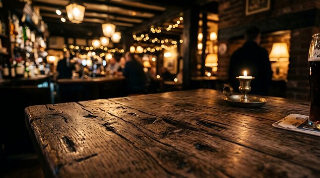 Rustic Wooden Table in Cozy English Pub with Warm Candlelight and Blurry Background of People at Bar