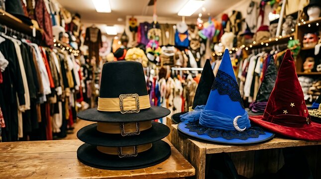 Various Colorful Halloween Costume Hats Including Witch and Pilgrim Styles in a Boutique Rental Shop