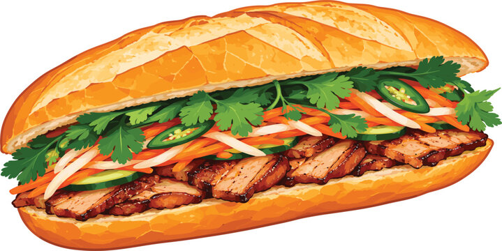 Traditional Vietnamese banh mi sandwich vector illustration featuring crispy baguette filled with grilled pork cilantro pickled carrots cucumbers and jalapeno slices