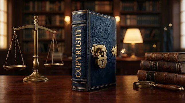 Copyright law book secured with a padlock next to the scales of justice in a vintage law office