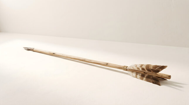 A traditional wooden arroe with feathered fletching and stone arrowhead displayed neatly on a neutral background