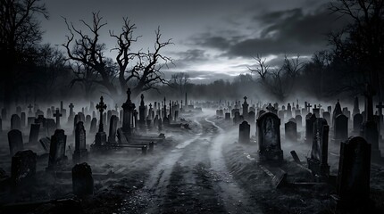 Fototapeta premium Spooky Graveyard at Night with Misty Fog and Ancient Tombstones Under a Dark Gloomy Sky