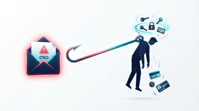 A digital representation shows a person being pulled by a hook while losing identity documents. This highlights the threat of deepfake fraud.