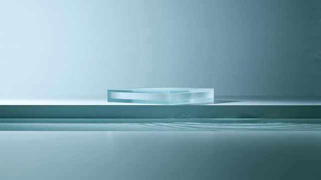 Wide symmetrical composition of empty frosted glass block podium on calm water with ripples, pure hydration cosmetic display mockup stage, 8k copy space