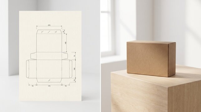 Cardboard box packaging dieline layout and mockup on wooden pedestal