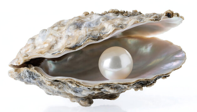 Single lustrous white pearl inside an open oyster shell isolated