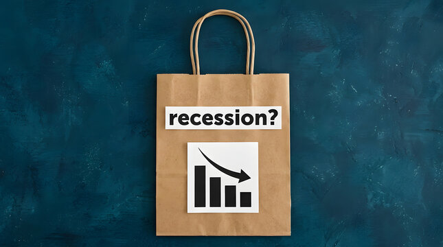Brown paper shopping bag with handles centered on a dark teal textured background featuring paper cutouts with the text recession and a downward trend bar chart showing economic decline and financial