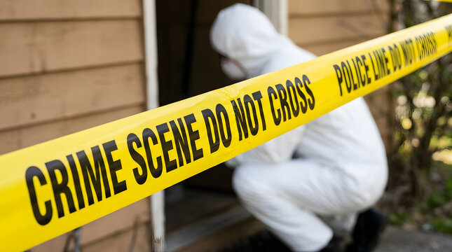 A forensic investigator wearing a white protective hazmat suit and mask is crouching down near an open building doorway behind bright yellow crime scene tape printed with bold black warning text