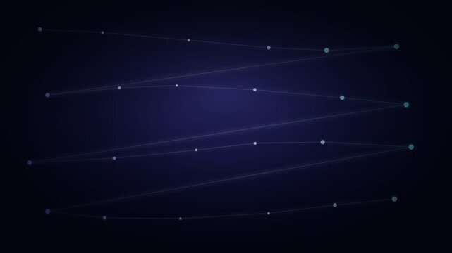 Abstract network of glowing dots connected by thin lines on a dark blue gradient background