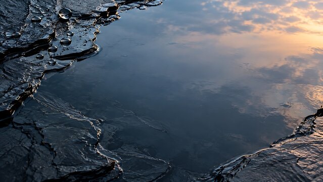 Dark rocky texture with water pool reflecting sunset sky clouds creating dramatic natural abstract scene with moody atmosphere and serene water surface.