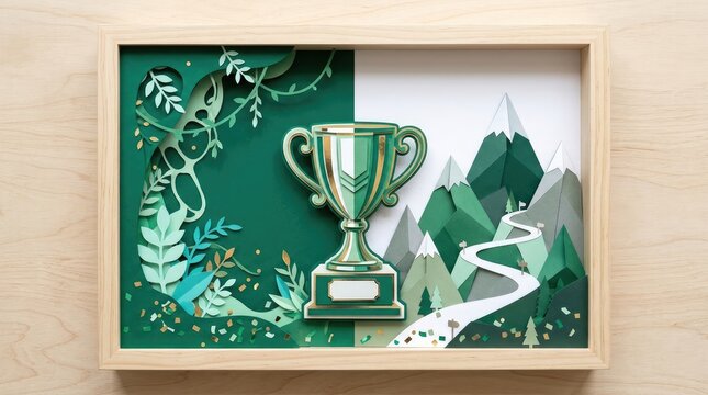 Papercut art trophy cup inside wooden frame featuring layered mountains and lush jungle foliage